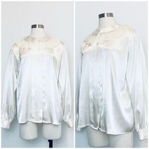 Vintage 80s Notations Cottage Satin Ivory Button Large Collared Blouse L